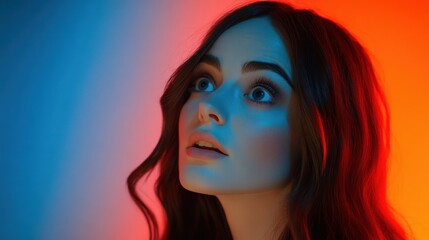 A portrait of a young woman illuminated by colorful lighting.