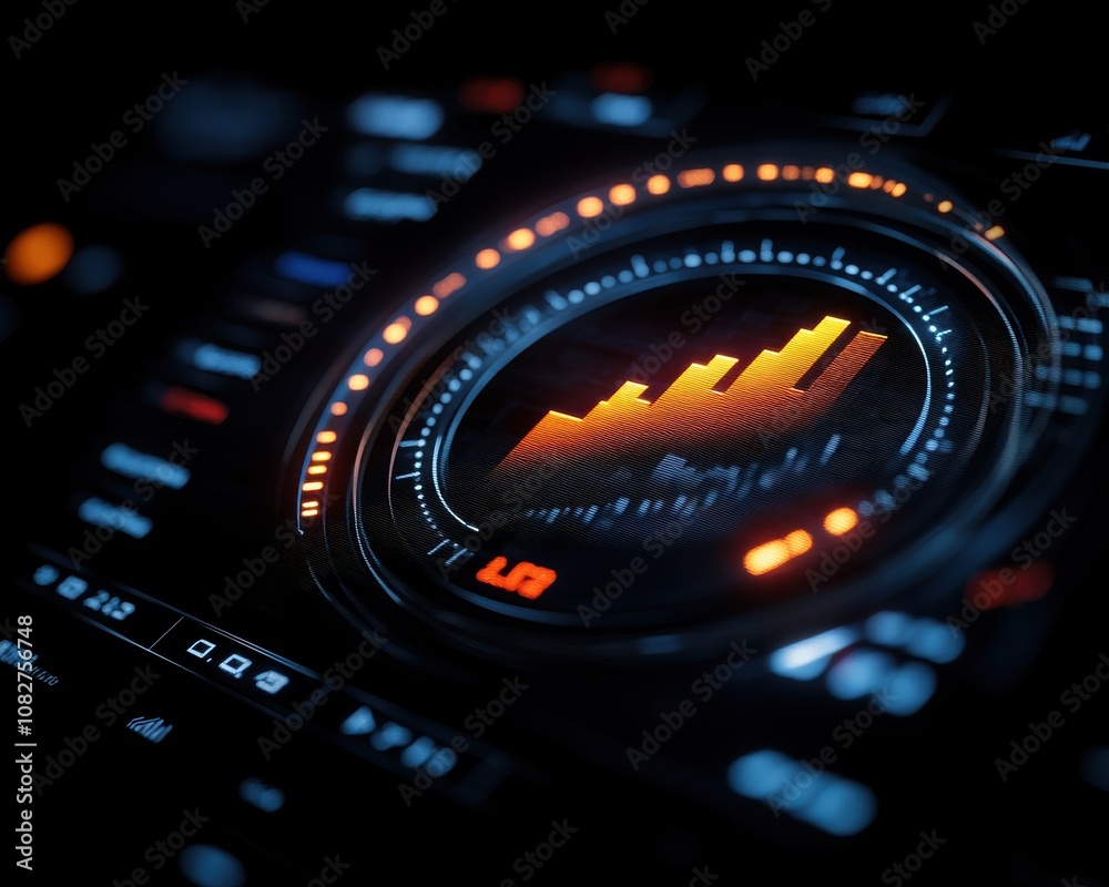 Poster Economic risk concept. A digital display showing a colorful sound wave visualization on a sleek, modern interface, featuring various glowing elements and data levels.