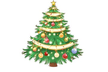 A beautifully decorated Christmas tree adorned with shimmering ornaments and glowing lights, designed in a PNG style with a transparent background, perfect for festive holiday projects and designs.