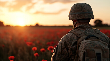 Back view of a soldier in camouflage uniform standing in a field of red poppies at sunset, with a backpack and helmet
