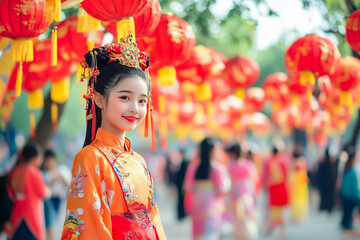 Traditional Chinese Festival with Elegant Attire and Lanterns