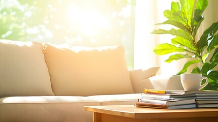 Fototapeta premium Cozy Living Room with Natural Lighting and Soft Beige Couch - Perfect Zoom Background for Warm and Inviting Virtual Meetings
