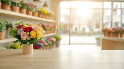 Fototapeta premium Charming Flower Shop Interior with Colorful Bouquets and Natural Light - Vibrant Floral Display Wooden Counter and Lush Greenery Perfect for Zoom Backgrounds