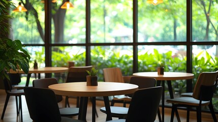 Fototapeta premium Chic Urban Cafe Interior with Large and Warm Lighting - Perfect Zoom Background for Casual and Stylish Virtual Meetings