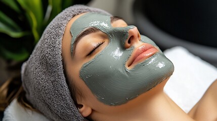 Young woman relaxing with a grey face mask during a spa treatment.