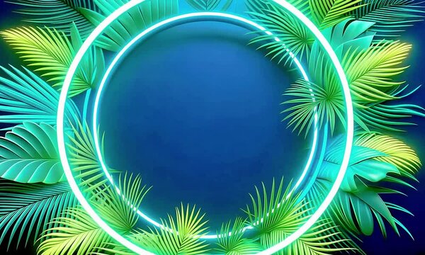 Modern trendy neon glowing light with neon green palm tropical leaves on a blue background. Design template. Frame with copy space for text.