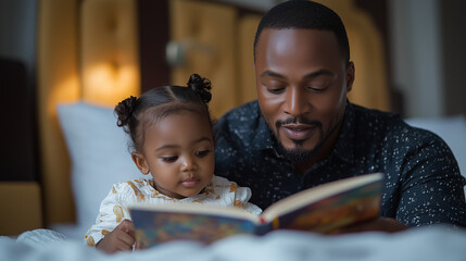 man sitting on the side of the bed reading a bedtime story to his little kid already under the blanket. Symbolizing bonding between father and child