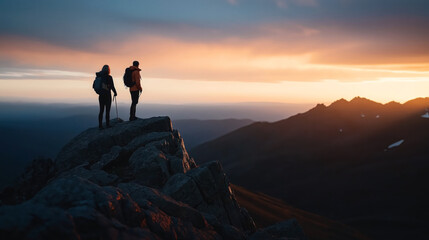 Fototapeta premium Two hikers with backpacks stand on a rocky mountain summit at sunset, overlooking a vast landscape and silhouetted against a colorful sky.
