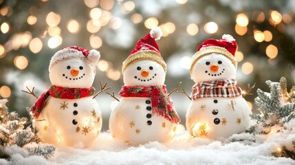 Snowmen in winter landscape adorned with holiday attire and twinkling lights create a festive Christmas atmosphere