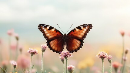 Obraz premium Vibrant Monarch Butterfly Resting on Delicate Pink Flowers with a Soft Blurred Background in a Serene Nature Setting