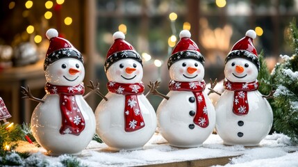 Four cheerful snowmen in a festive winter landscape create a delightful Christmas atmosphere with decorations and snow