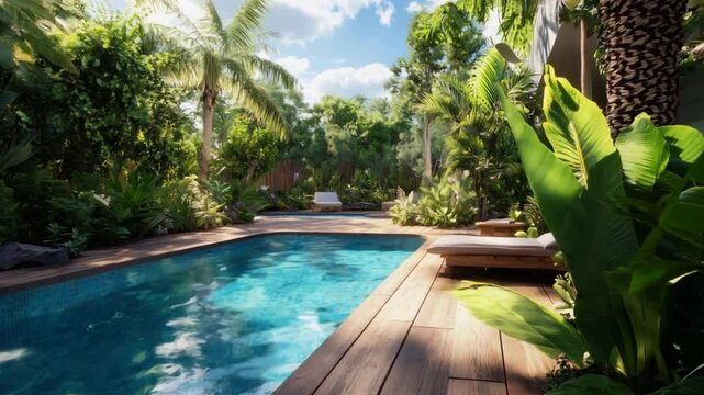 Pool landscape design with lush greenery, wooden deck, and eco-friendly pool accessories