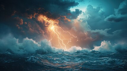 Dramatic Lightning Storm Over the Ocean Captured in Stunning Detail, Showcasing Nature's Power with Dark Clouds and Crashing Waves under a Striking Sky