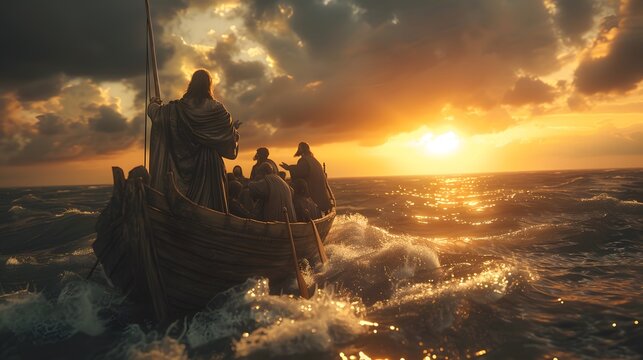 A dramatic scene of Jesus standing in a boat, His arm raised, waves calming beneath His touch, dark clouds parting to reveal a soft glow, disciples watching in silent awe, cinematic realism,