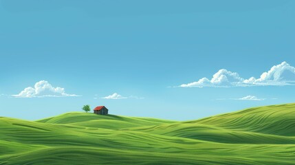 Rolling green hills with a lone farmhouse under a clear blue sky