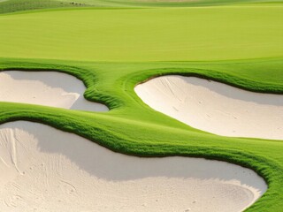 Green grass golf course texture with neatly trimmed fairways and sand bunkers, sand bunkers, golf, leisure