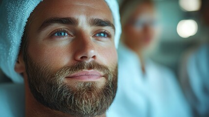 Man receiving laser beard enhancement treatment in a modern grooming studio