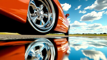 An orange sports car parked near a reflective puddle under a clear blue sky with fluffy clouds