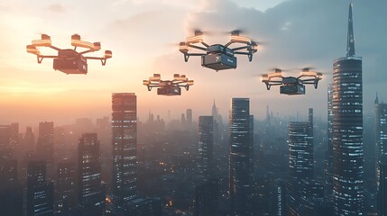 A fleet of autonomous delivery drones in action, capturing packages being transported seamlessly across a smart city environment 