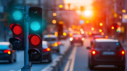A close-up of a smart traffic light system adjusting signals dynamically based on AI-driven traffic flow analysis, with cars moving efficiently in the background 