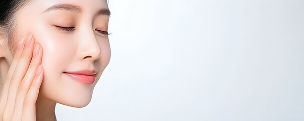Naklejka premium Soft and Gentle Beauty Close-Up of Asian Woman with Flawless Complexion and Warm Natural Lighting - Captivating Expression of Care and Tenderness