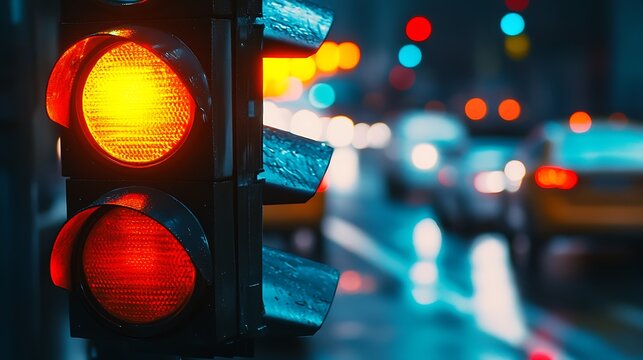 A close-up of a smart traffic light system adjusting signals dynamically based on AI-driven traffic flow analysis, with cars moving efficiently in the background 