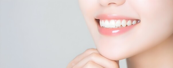 Obraz premium Serene Asian Woman with Gentle Smile and Glowing Skin - Close-Up Beauty Shot Showcasing Smooth Skin Texture in Soft Lighting