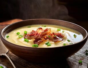 Creamy Potato Soup with Crispy Bacon and Chives, Served in a Rustic Ceramic Bowl with Steamy Warmth Captured in a Chiaroscuro, Dark and Cozy Kitchen Setup