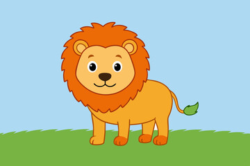 A friendly lion stands on the grassy ground, smiling with a beautiful face