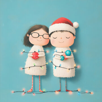 A whimsical illustration of a brother and sister wrapped in colorful Christmas lights, wearing Santa hats, and holding kitschy baubles. The cheerful scene radiates holiday joy, love, and playful sibli