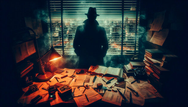 detective in his office neon-noir scene