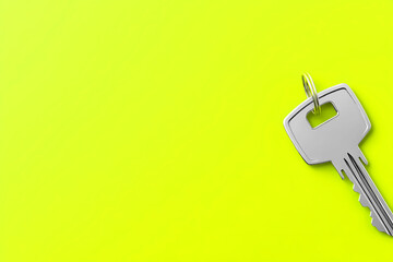 A Solitary Silver Key Resting on a Vibrant Lime-Green Background, Evoking Curiosity and Intrigue