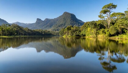 Serene Lake Surrounded by Lush Tropical Rainforest, Reflecting Towering Trees and Distant Mountain Peaks Under a Clear Blue Sky, Captured for a Scenic Nature Landscape