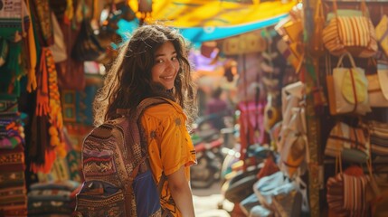 Young woman exploring a vibrant market, bright colors and lively atmosphere, enjoying her adventure in a bustling place.