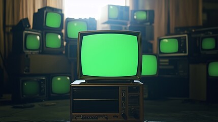 Pile of Old TV with blank green screen. Concept of old technology or Time of change.