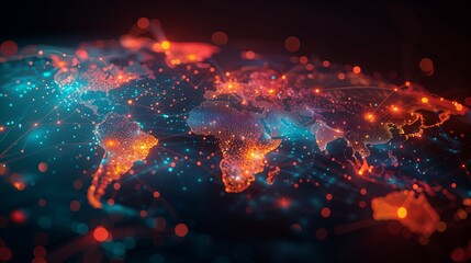 3D rendered map showcasing interconnected infrastructure networks with global data visualization in vivid detail