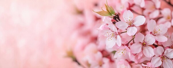 Fototapeta premium Beautiful Pink Cherry Blossom Flowers on Soft Pink Background Creating a Delicate and Serene Atmosphere Perfect for Springtime Decor and Designs