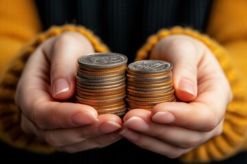 Woman holding stacks of coins: savings, investment, and financial security