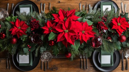 Festive Christmas Table Setting with Poinsettia and Evergreen Centerpiece