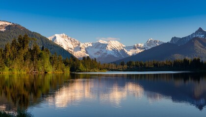 Serene Lake Nestled Between Snow-Capped Peaks and Lush Forests, Reflecting the Sunshine and Surrounding Scenery on Its Glassy Surface During Early Morning