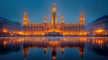 Obraz premium A beautifully illuminated historic building reflects in calm water at dusk.