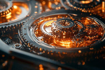 close up of intricate gears meshing together, showcasing flow of movement and precision in machinery. metallic surfaces reflect light beautifully, creating captivating visual