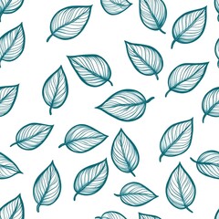 Teal leaf pattern on white background. Seamless pattern