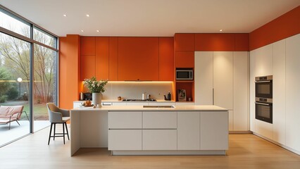 Vibrant Orange Modern Kitchen with Sleek Cabinetry and Ample Natural Light