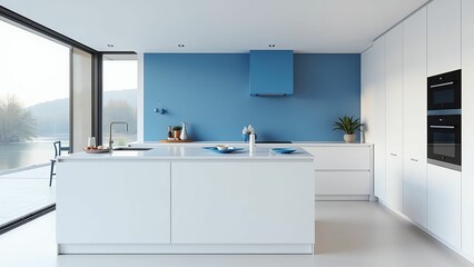Sleek and Minimalist Light Blue and White Kitchen with Mountain Views