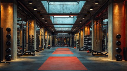 Fototapeta premium The interior of a modern gym showcases long red mats lined along the floor, surrounded by weightlifting equipment under bright, spacious skylights.