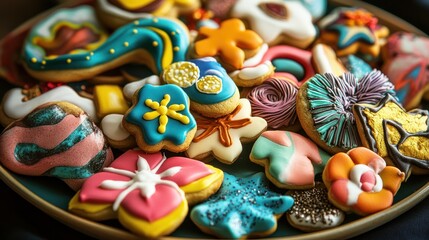 A plate of festive New Year's cookies, beautifully decorated with vibrant icing, capturing the warmth and joy of holiday baking in vivid detail.