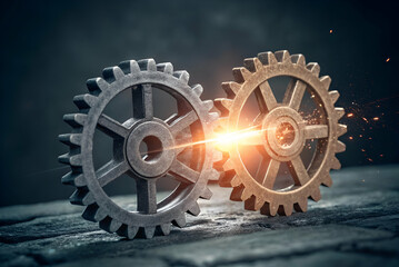 Two interlocking gears produce a bright spark, symbolizing innovation, mechanics, and the synergy of technology in action.