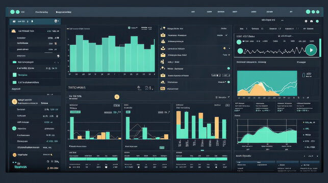 digital dashboard displaying various data visualizations, including bar charts, line graphs, and customizable layouts for insights and analytics. interface is sleek and modern