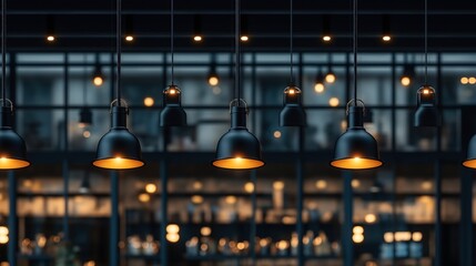 Modern interior featuring multiple industrial-style pendant lights with warm glow, suspended in a row against a blurred background of large glass windows and shelves.